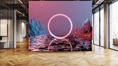 Sci fi alien planet landscape futuristic rock surreal lighting star sky space travel glow ring red neon light 3D rendering Wall mural