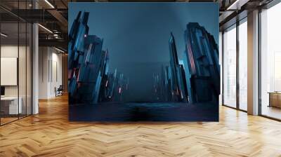 Sci-fi dark landscape metal block fantastic street house light by blue neon glow. Surreal alien city concept. 3D rendering Wall mural