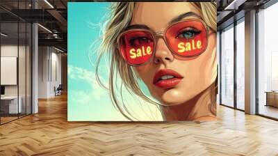 The sale sign is reflected in the woman's glasses. Comic book pop art style Wall mural