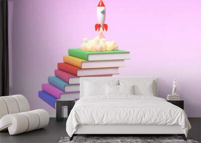 Toy rocket takes off from the books spewing smoke on a pink background. Symbol of desire for education and knowledge. School illustration. 3D rendering. Wall mural