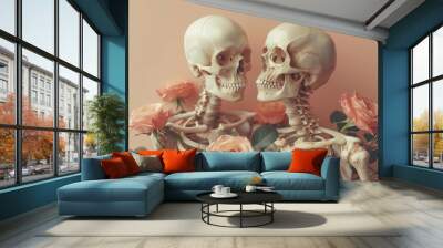 Two Human Skeleton Models Positioned Face to Face With Orange Roses Against a Coral Background Wall mural