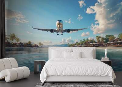 a passenger plane flies low over the sea with a beautiful beach and palm trees on a hot day. sea cruise by plane Wall mural