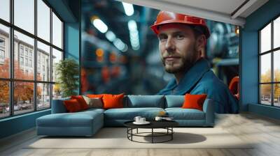 portrait of a Caucasian service engineer in a helmet and uniform servicing electrical equipment at an industrial enterprise while standing near an electrical panel Wall mural