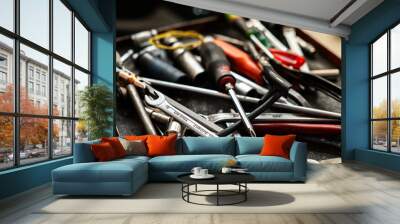 Set of mechanic tools on metal tray Wall mural