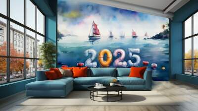 2025, sur fond de paysage marin avec bateaux et bouées Wall mural