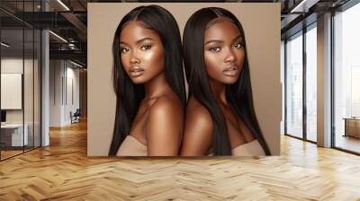 A professional photography of two beautiful black women with long black hair extensions, black women models, beauty concept Wall mural