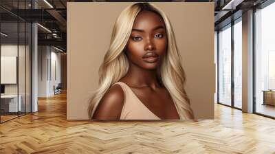 Portrait of a beautiful black woman with long blonde hair, perfect smooth skin beauty spa salon concept, beauty concept Wall mural