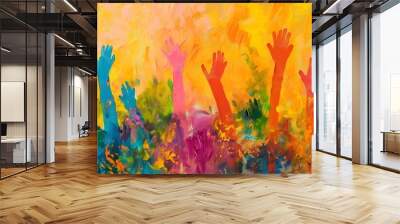 Vibrant Unity And Diversity: Colorful Hands Creating A Textured, Warm Abstract Community, Hands Reaching Up In Warm Abstract Expression, Unity, Revolution Wall mural