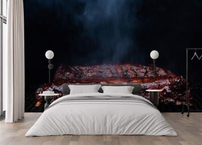 Barbecue ribs cooking on smoker grill Wall mural