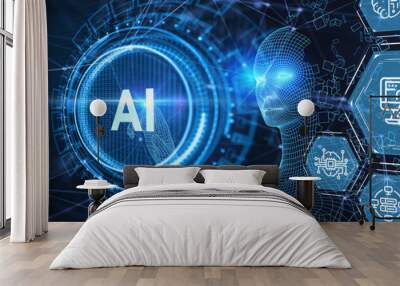 AI Learning and Artificial Intelligence Concept. Business, modern technology, internet and networking concept.  3d illustration Wall mural