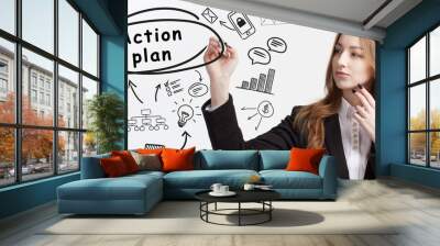 Business, technology, internet and network concept. Young businessman thinks over ideas to become successful: Action plan Wall mural