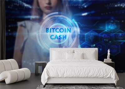 Business, technology, internet and network concept. Young businessman thinks over the steps for successful growth: Bitcoin cash Wall mural