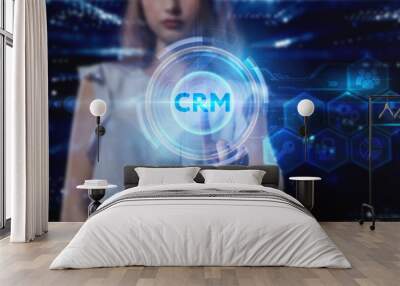 Business, technology, internet and network concept. Young businessman thinks over the steps for successful growth: CRM Wall mural