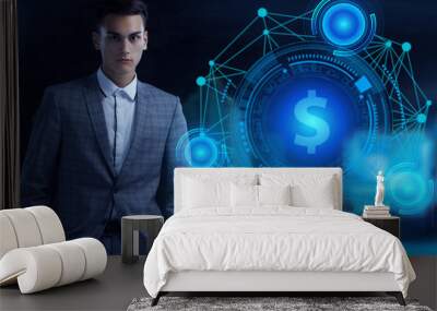 Business, Technology, Internet and network concept. Young businessman working on a virtual screen of the future and sees the inscription: Wall mural