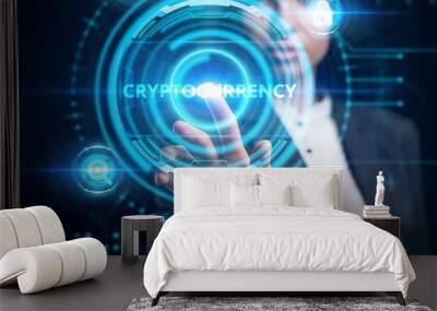 Business, Technology, Internet and network concept. Young businessman working on a virtual screen of the future and sees the inscription: Cryptocurrency Wall mural