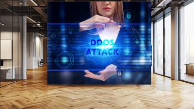 Business, Technology, Internet and network concept. Young businessman working on a virtual screen of the future and sees the inscription: Ddos attack Wall mural