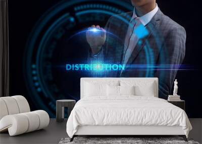 Business, Technology, Internet and network concept. Young businessman working on a virtual screen of the future and sees the inscription: Distribution Wall mural