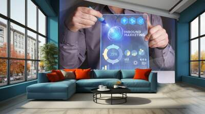 Business, Technology, Internet and network concept. Young businessman working on a virtual screen of the future and sees the inscription: Inbound marketing Wall mural