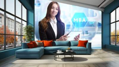 Business, Technology, Internet and network concept. Young businessman working on a virtual screen of the future and sees the inscription: MBA Wall mural