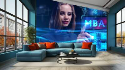 Business, Technology, Internet and network concept. Young businessman working on a virtual screen of the future and sees the inscription: MBA Wall mural