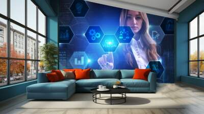 Business, Technology, Internet and network concept. Young businessman working on a virtual screen of the future and sees the inscription: Our vision Wall mural