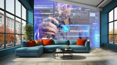 Business, Technology, Internet and network concept. Young businessman working on a virtual screen of the future and sees the inscription: Regulation Wall mural