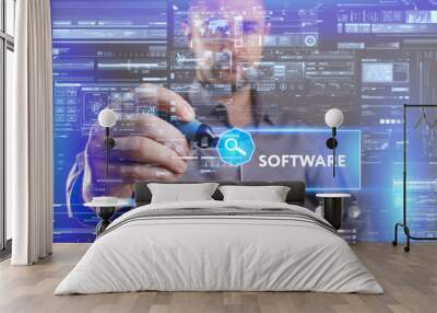 Business, Technology, Internet and network concept. Young businessman working on a virtual screen of the future and sees the inscription: Software Wall mural