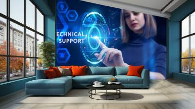 Business, Technology, Internet and network concept. Young businessman working on a virtual screen of the future and sees the inscription: Technical support Wall mural