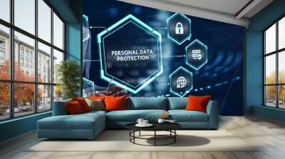 Cyber security data protection business technology privacy concept. Young businessman  select the icon Personal data protection on the virtual display. Wall mural