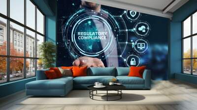 Cyber security data protection business technology privacy concept. Young businessman  select the REGULATORY COMPLIANCE on the virtual display. Wall mural