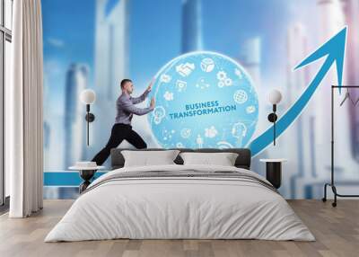 Technology, the Internet, business and network concept. A young businessman overcomes an obstacle to success: Business transformation Wall mural