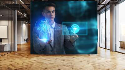 The concept of business, technology, the Internet and the network. A young entrepreneur working on a virtual screen of the future and sees the inscription: Wall mural