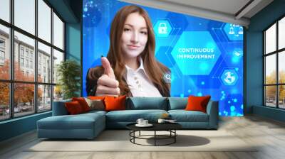 The concept of business, technology, the Internet and the network. A young entrepreneur working on a virtual screen of the future and sees the inscription: Continuous improvement Wall mural