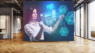 The concept of business, technology, the Internet and the network. A young entrepreneur working on a virtual screen of the future and sees the inscription: HR Wall mural