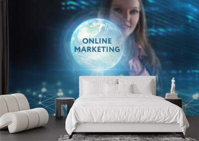 The concept of business, technology, the Internet and the network. A young entrepreneur working on a virtual screen of the future and sees the inscription: Online marketing Wall mural