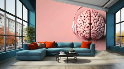 Brain with headphones. Healing With Music and Music Therapy Concept. Generative AI.  Wall mural