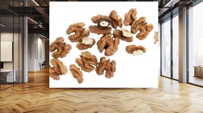 heap of roasted nuts isolated on white background, walnuts close-up, snack food concept, vegan meal Wall mural