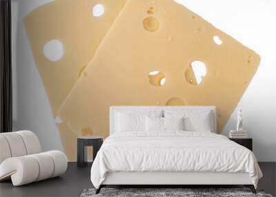 maasdam cheese slices with holes closeup, swiss cheese isolated  Wall mural