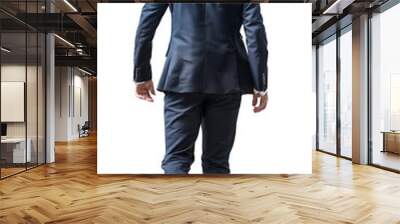 Back view of a stylish businessman in a dark blue suit and casual sneakers, walking away and looking forward, isolated on a transparent background Wall mural