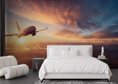 Commercial airplane gliding over spectacular cloudscape against a breathtaking sunset sky Wall mural