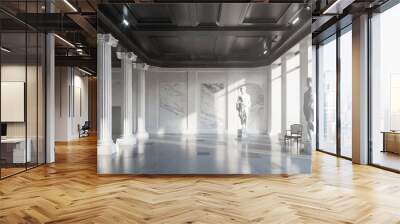 White marble statues in an empty museum room with tall columns and a black ceiling Wall mural