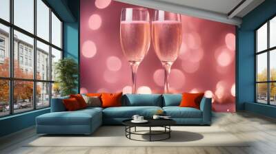 Elegant Pink Rose Champagne Glasses Close Up with Bokeh Lights Background | Celebrate New Year and Valentine's Day with a Festive Toast | Rose Gold Blur, Pink Champagne Sparkle, Glitter Web Banner Wall mural