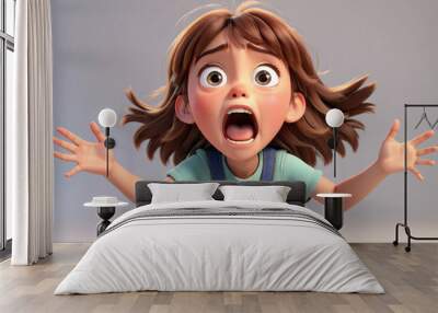 Screaming Cartoon Character Girl in 3D Style Expressing Shock and Fear on Light Background Wall mural