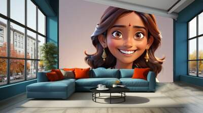 Smiling Indian Cartoon Young Woman in Modern Clothes - 3D Style Portrait on Light Background Wall mural