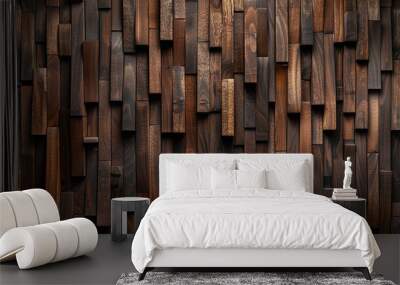 3D wooden wall cladding in staggered design. Close-up photography for interior design and architectural texture print. Modern woodwork and paneling concept. Wall mural