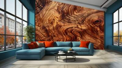 Exotic burl wood grain with intricate swirls and rich brown tones. Close-up shot for luxury background and pattern concept Wall mural