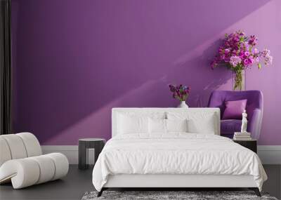 purple armchair in a room, Minimalist interior with a purple velvet armchair and a vase of pink flowers. Modern room with shadows on a violet wall. Interior design and home decor concept.  Wall mural