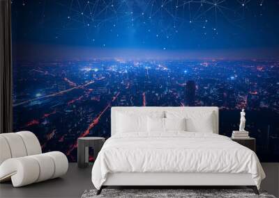 Modern city with wireless network connection and city scape concept wireless network Wall mural