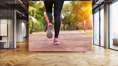 Fitness woman training and jogging in summer park, close up on running shoes Wall mural