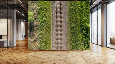 Railway through summer forest. Aerial view Wall mural